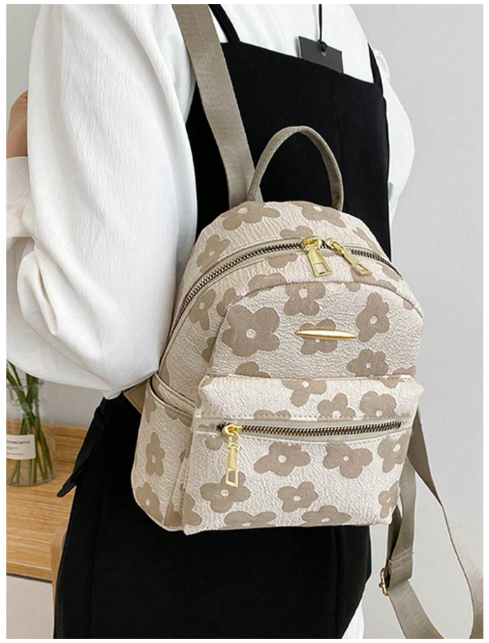 Mochila mini caqui estampada flores - 6186
