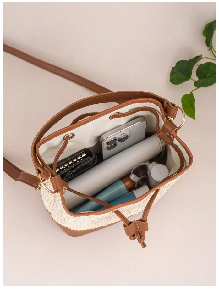Cartera marrón tipo tejida & cuerina - 6187