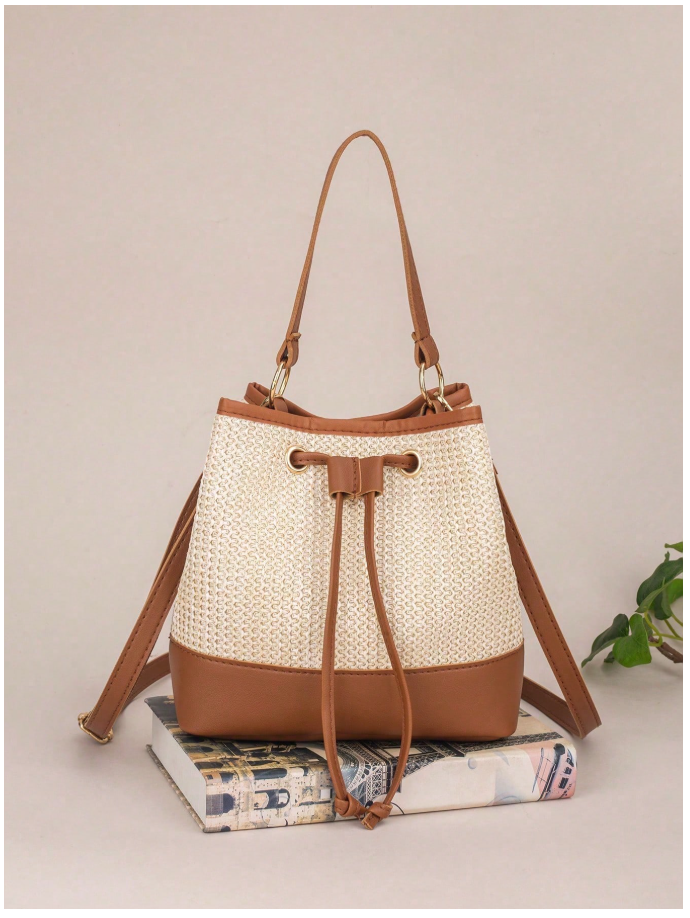Cartera marrón tipo tejida & cuerina - 6187