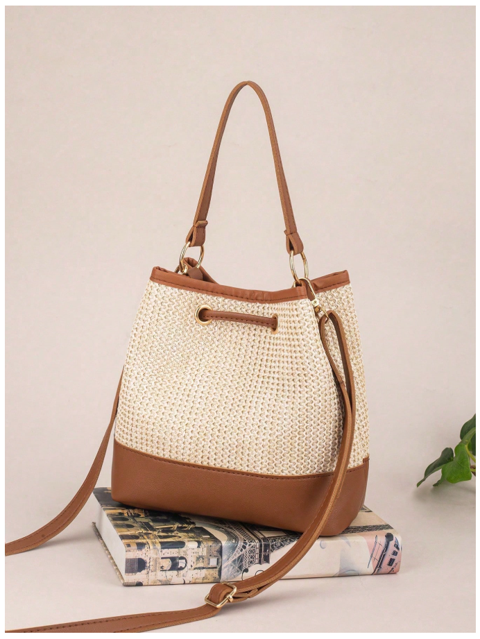Cartera marrón tipo tejida & cuerina - 6187