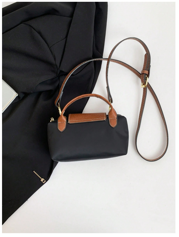 Cartera negra solapa & correa marrón - 6189