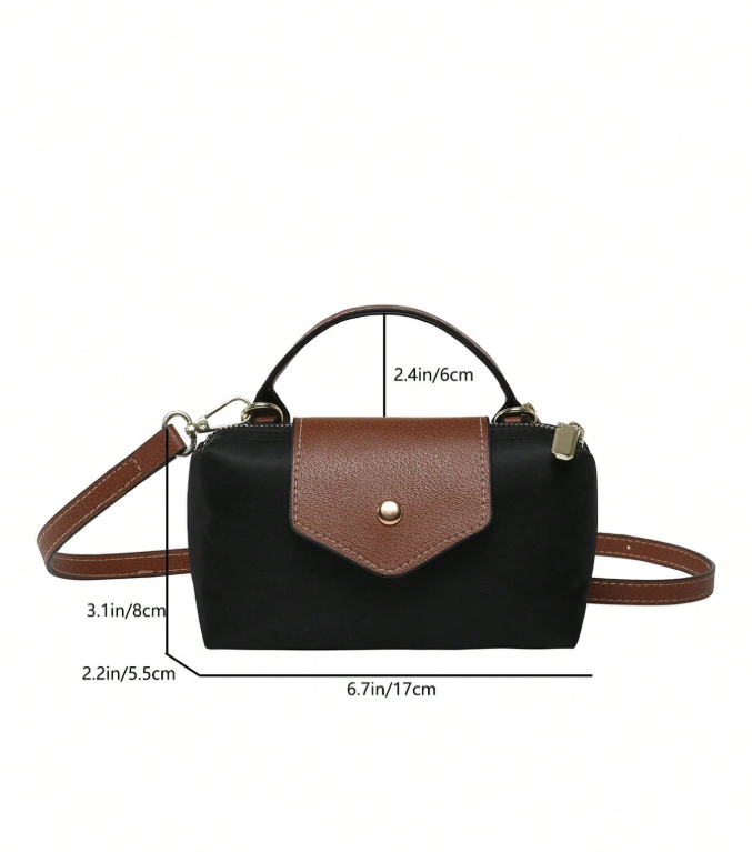 Cartera negra solapa & correa marrón - 6189