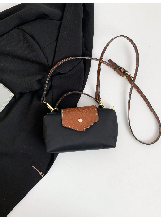 Cartera negra solapa & correa marrón - 6189
