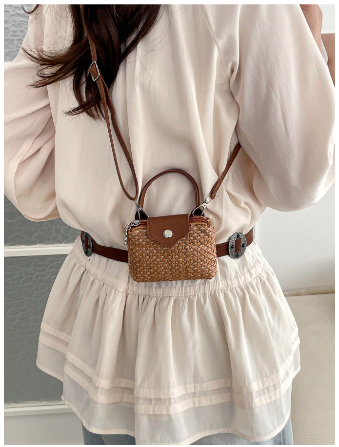 Cartera mini tipo monedero marrón estilo tejido de paja - 6190
