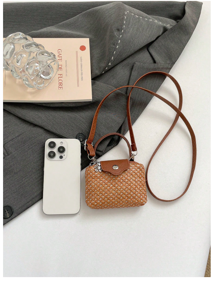 Cartera mini tipo monedero marrón estilo tejido de paja - 6190