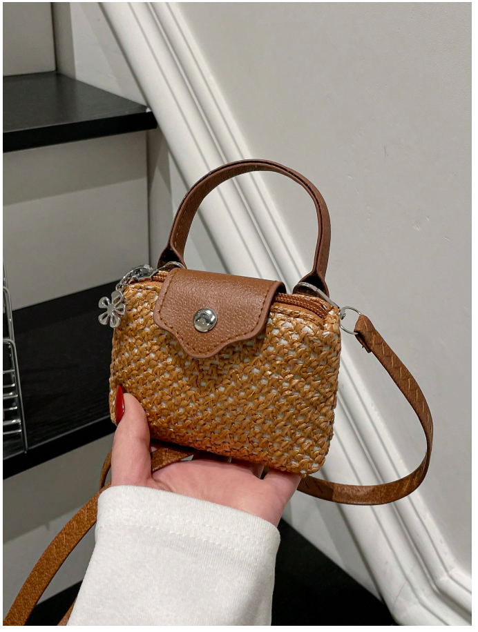 Cartera mini tipo monedero marrón estilo tejido de paja - 6190