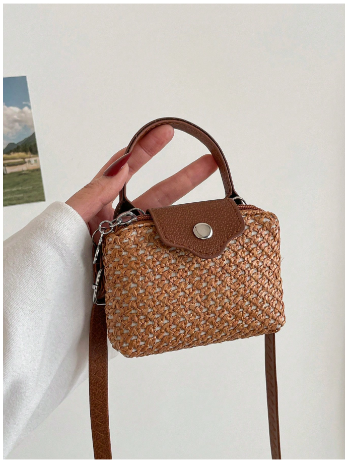 Cartera mini tipo monedero marrón estilo tejido de paja - 6190