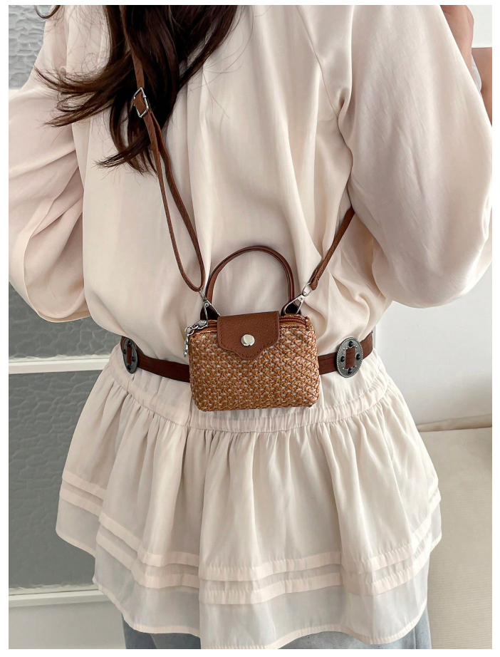 Cartera mini tipo monedero marrón estilo tejido de paja - 6190