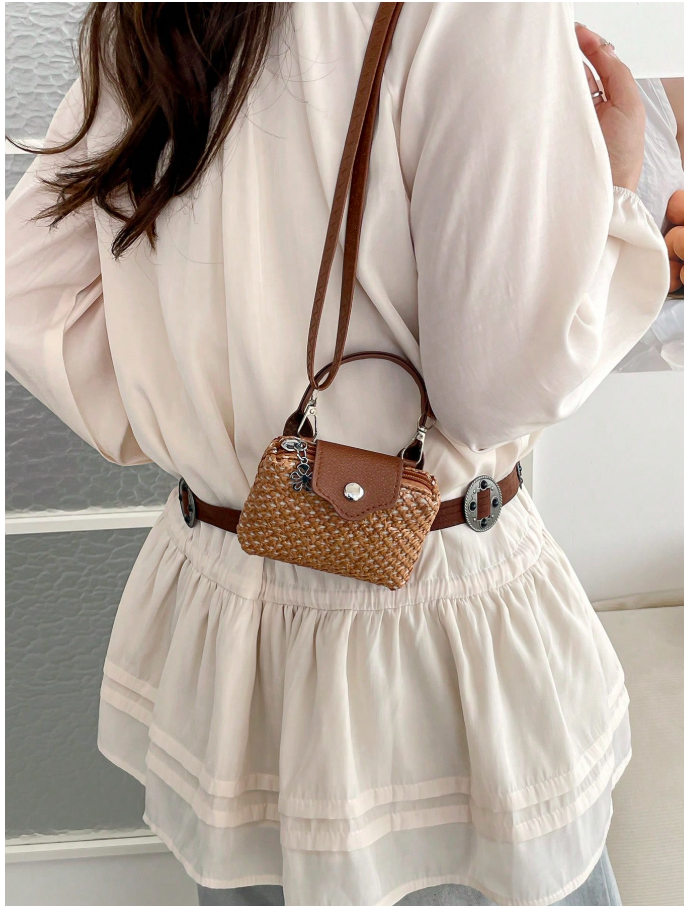 Cartera mini tipo monedero marrón estilo tejido de paja - 6190