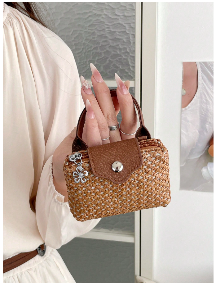 Cartera mini tipo monedero marrón estilo tejido de paja - 6190