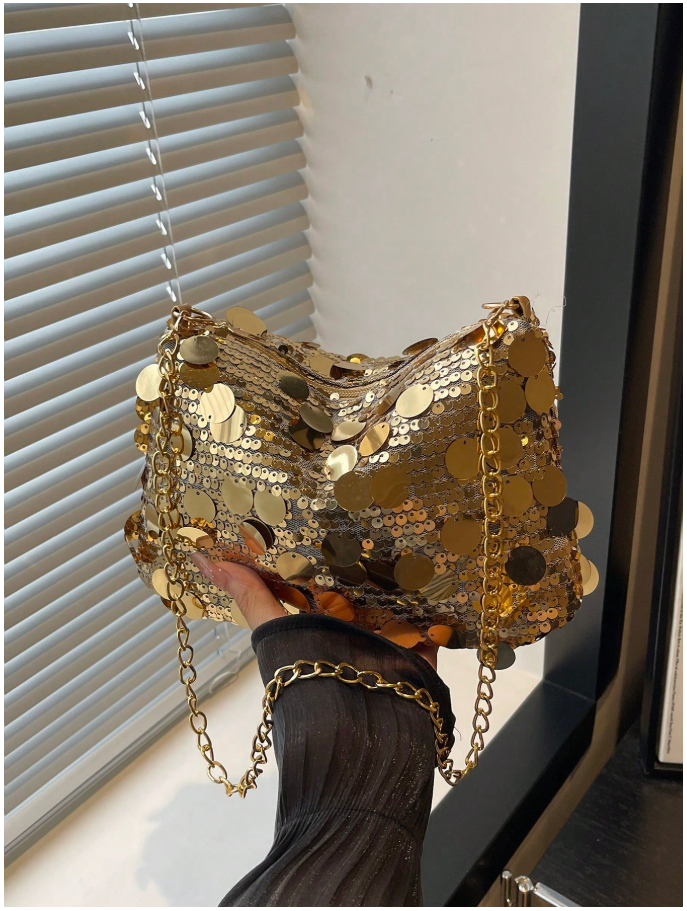 Cartera dorada de lentejuelas agarre de cadena - 6192