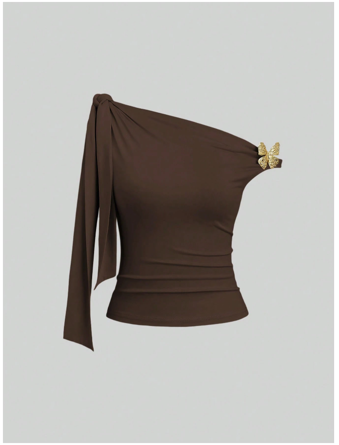 Crop top marrón asimetrico tira en hombro & mariposa - 6194