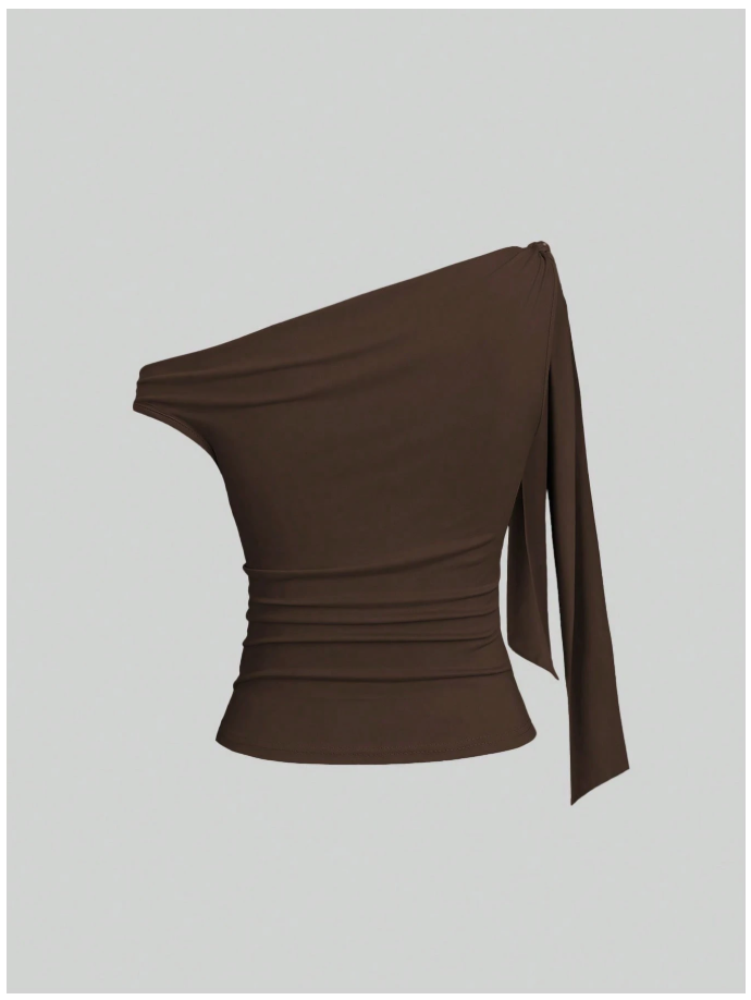 Crop top marrón asimetrico tira en hombro & mariposa - 6194