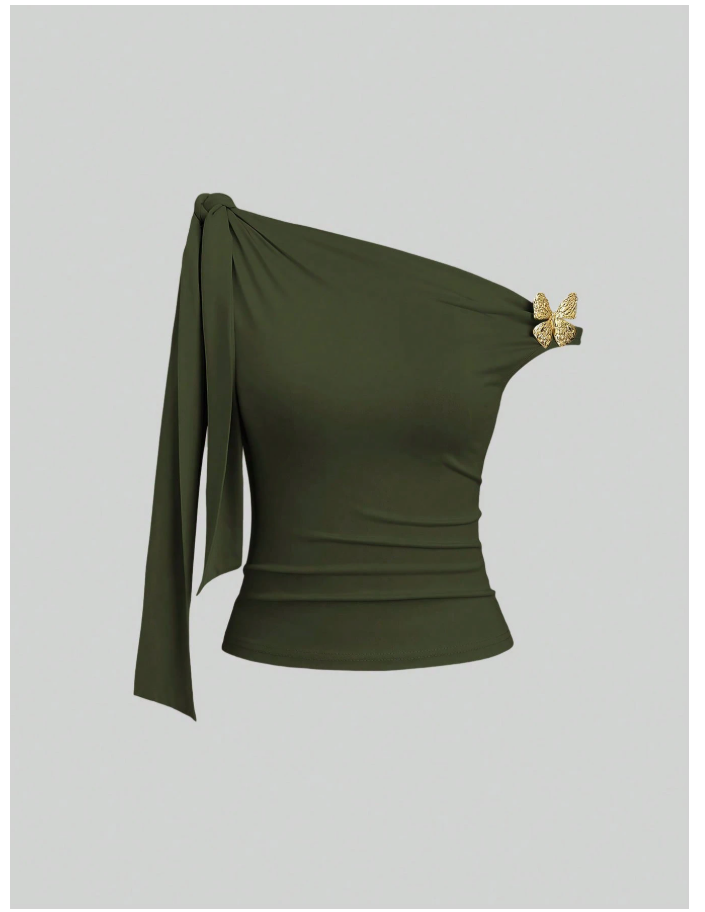 Crop top verde asimétrico tira en hombro & mariposa - 6195