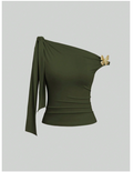 Crop top verde asimétrico tira en hombro & mariposa - 6195