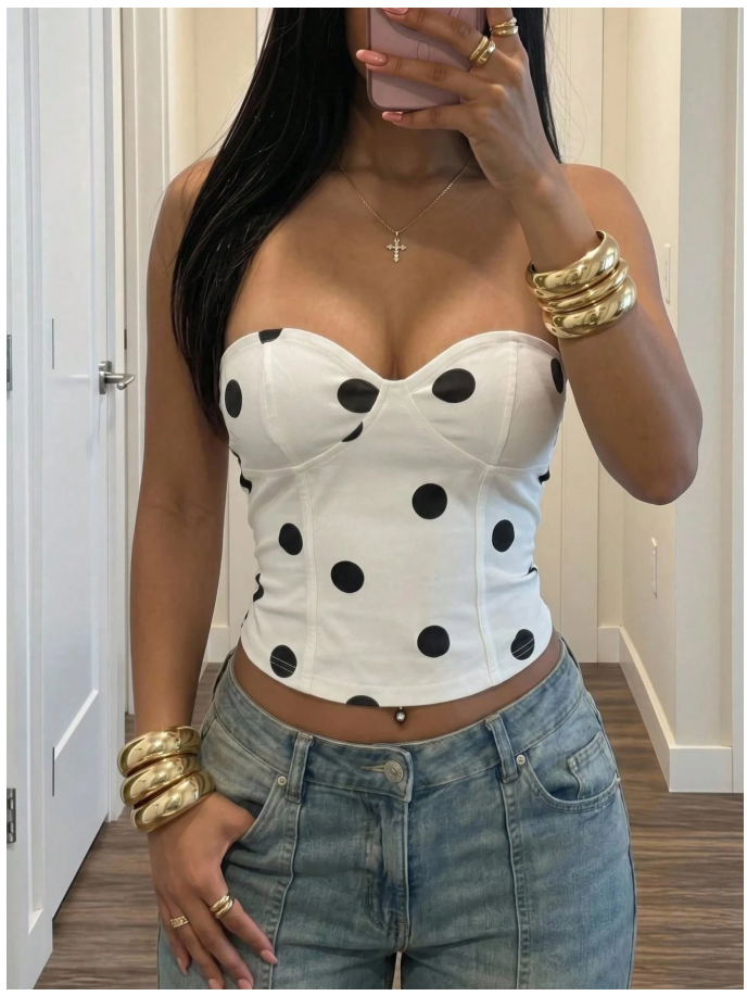Crop top blanco lunares negros sin tirantes - 6196