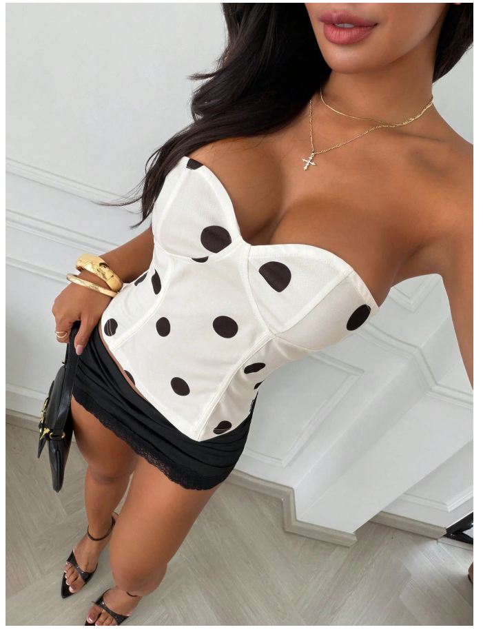 Crop top blanco lunares negros sin tirantes - 6196