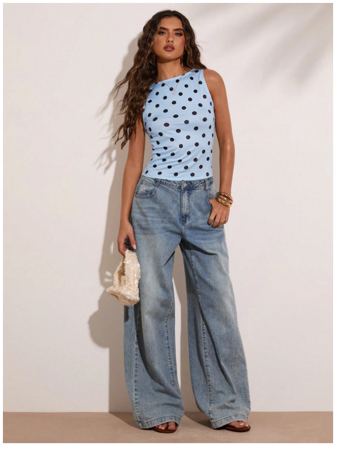 Crop top celeste lunares marrón sin mangas - 6197