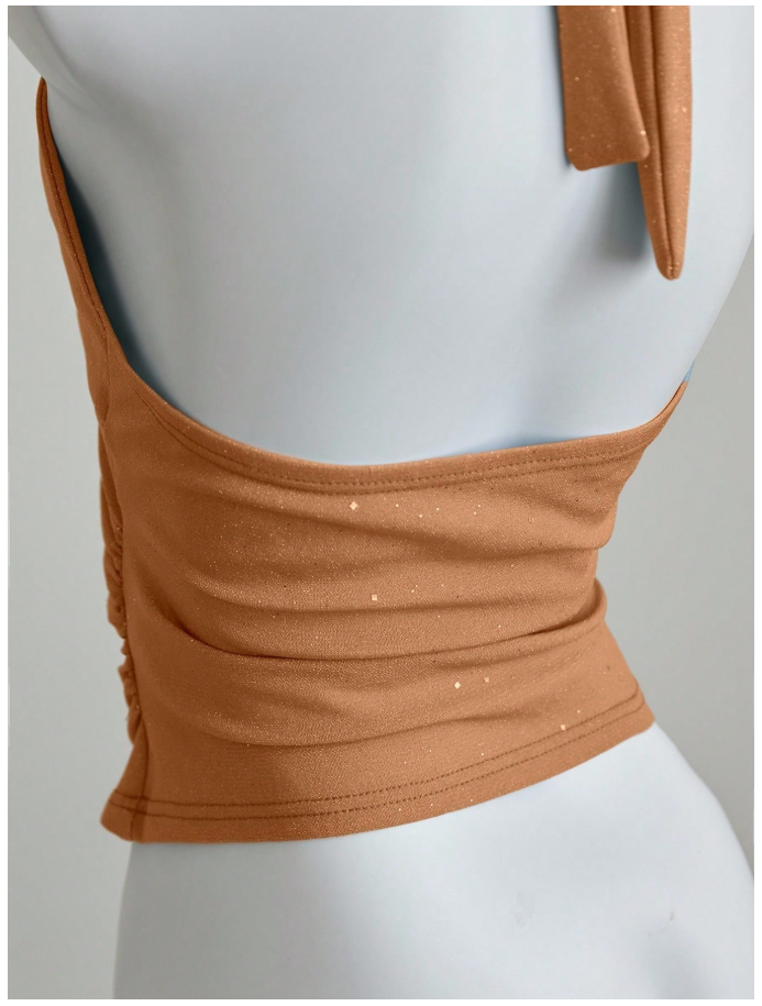 Crop top rosa coral con brillo halter escote V - 6198