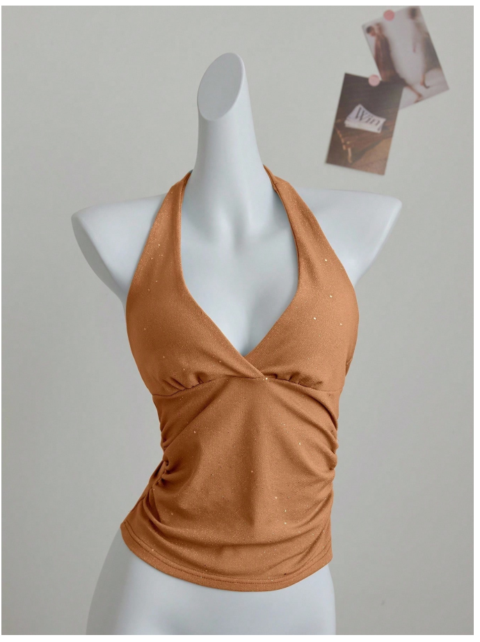 Crop top rosa coral con brillo halter escote V - 6198