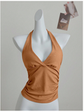 Crop top rosa coral con brillo halter escote V - 6198