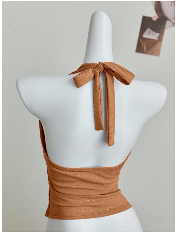 Crop top rosa coral con brillo halter escote V - 6198