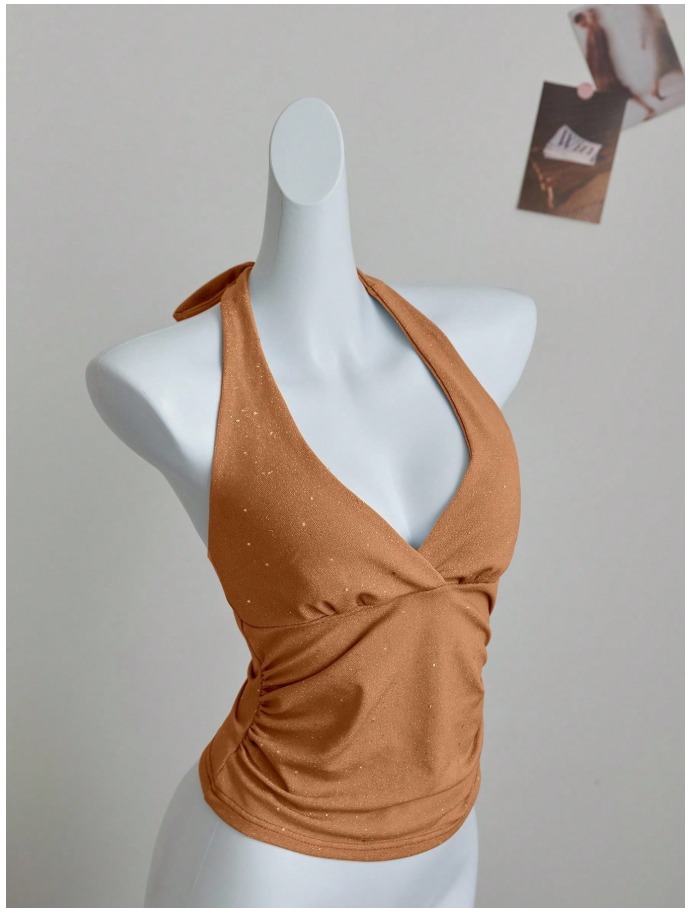 Crop top rosa coral con brillo halter escote V - 6198