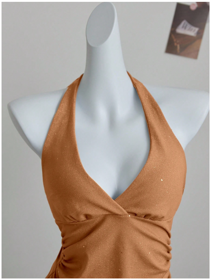 Crop top rosa coral con brillo halter escote V - 6198