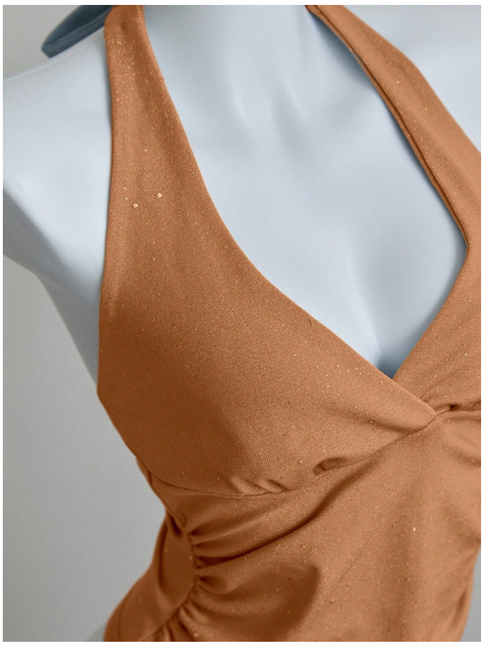 Crop top rosa coral con brillo halter escote V - 6198