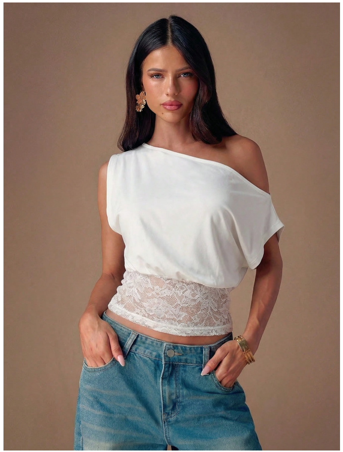 Crop top blanco un hombro encaje parte inferior - 6201