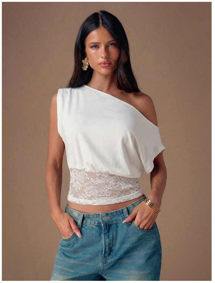Crop top blanco un hombro encaje parte inferior - 6201