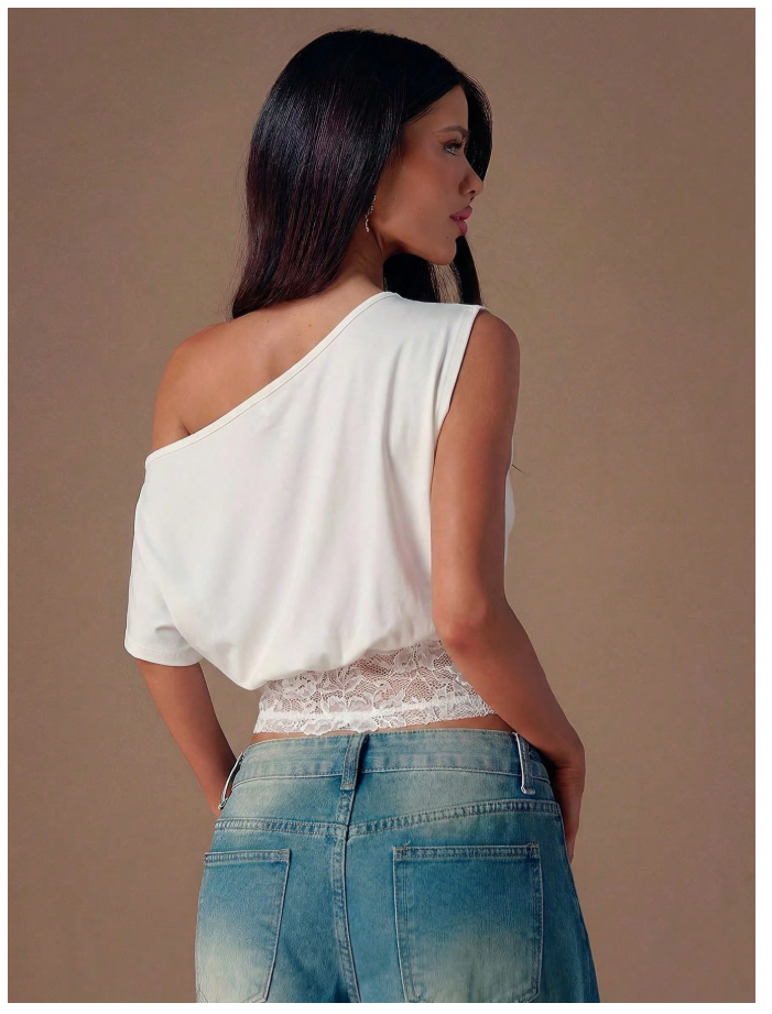 Crop top blanco un hombro encaje parte inferior - 6201
