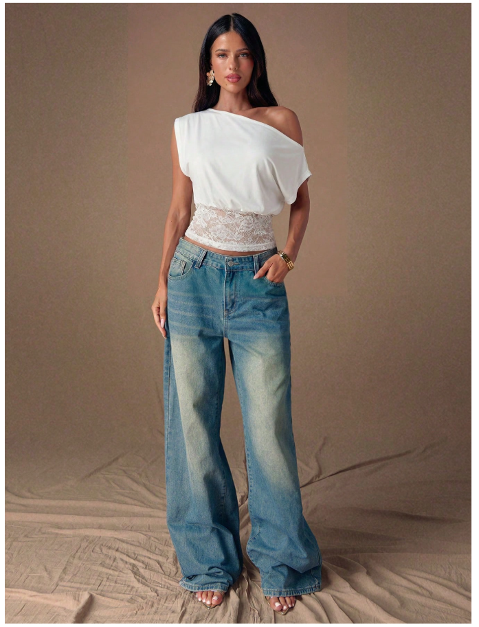 Crop top blanco un hombro encaje parte inferior - 6201