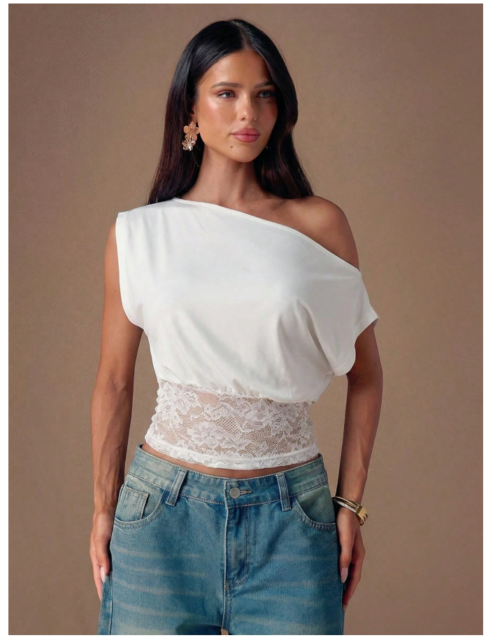 Crop top blanco un hombro encaje parte inferior - 6201