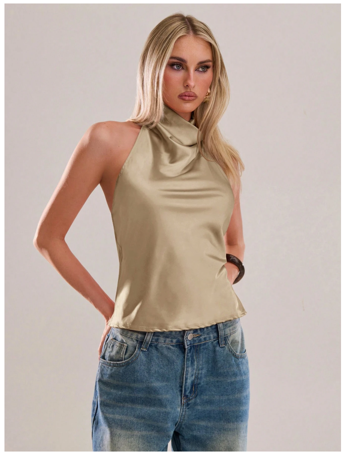 Crop top dorado cuello alto espalda descubierta - 6202