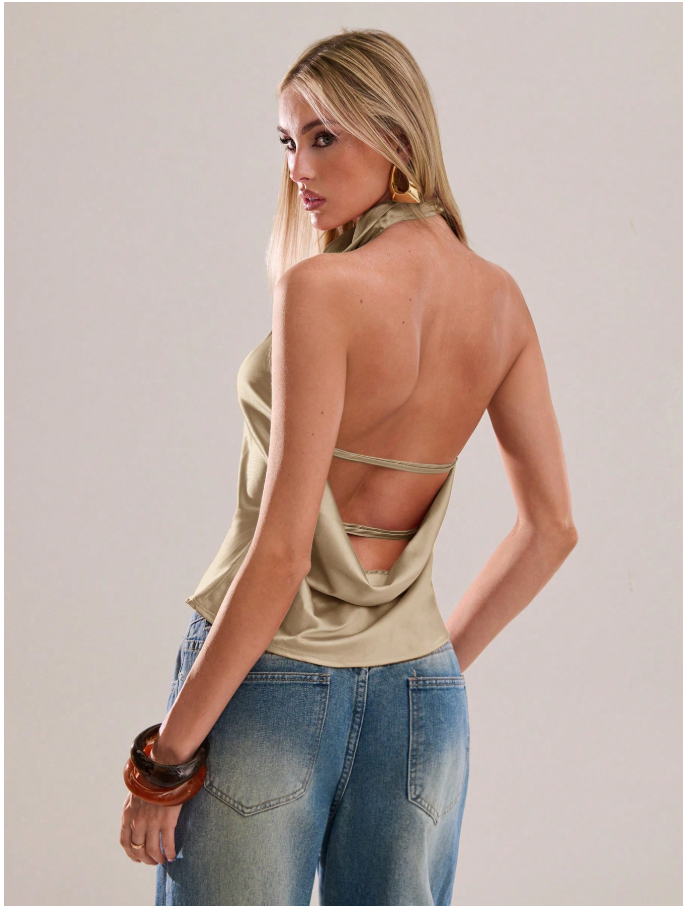 Crop top dorado cuello alto espalda descubierta - 6202