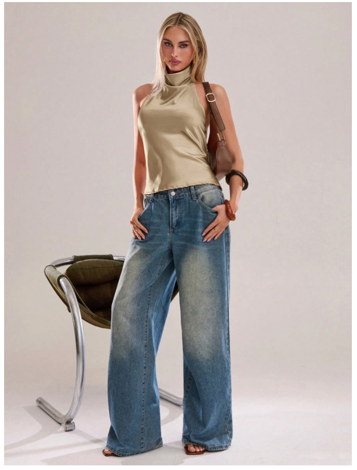 Crop top dorado cuello alto espalda descubierta - 6202