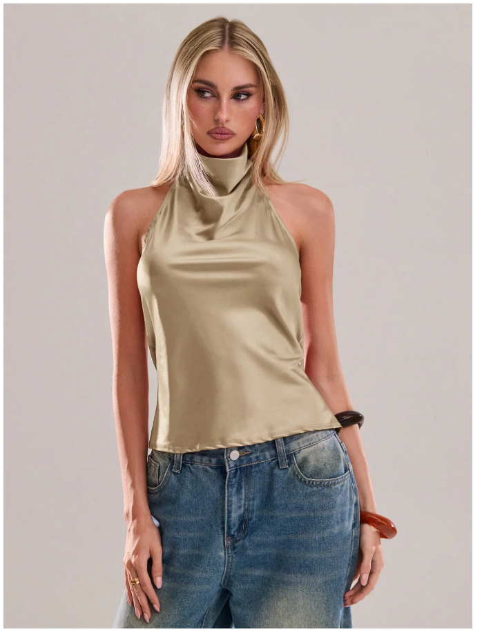 Crop top dorado cuello alto espalda descubierta - 6202
