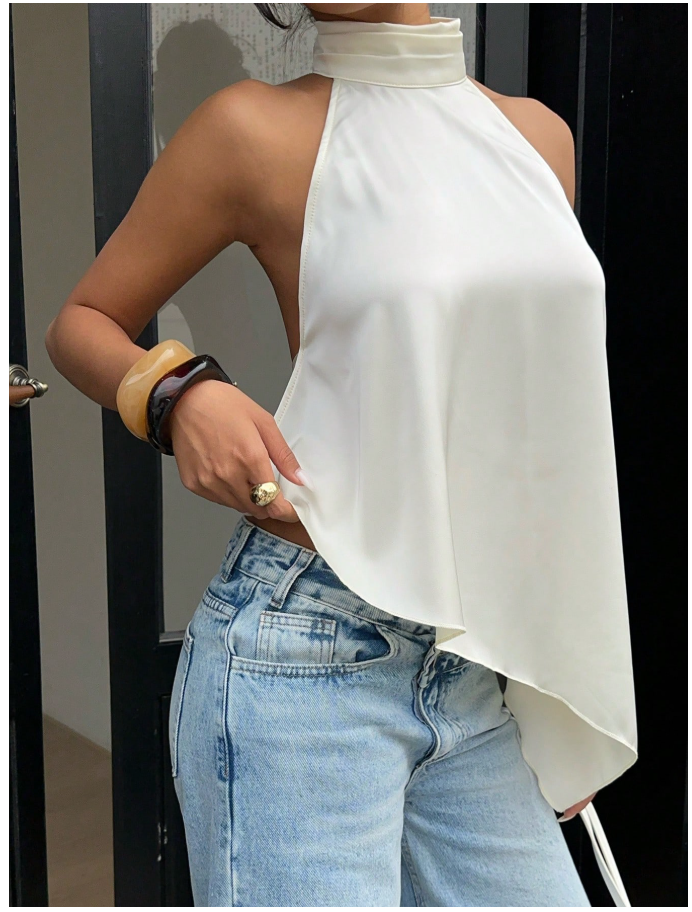 Camisa blanco perla de satén con vuelo & asimétrica parte inferior - 6203