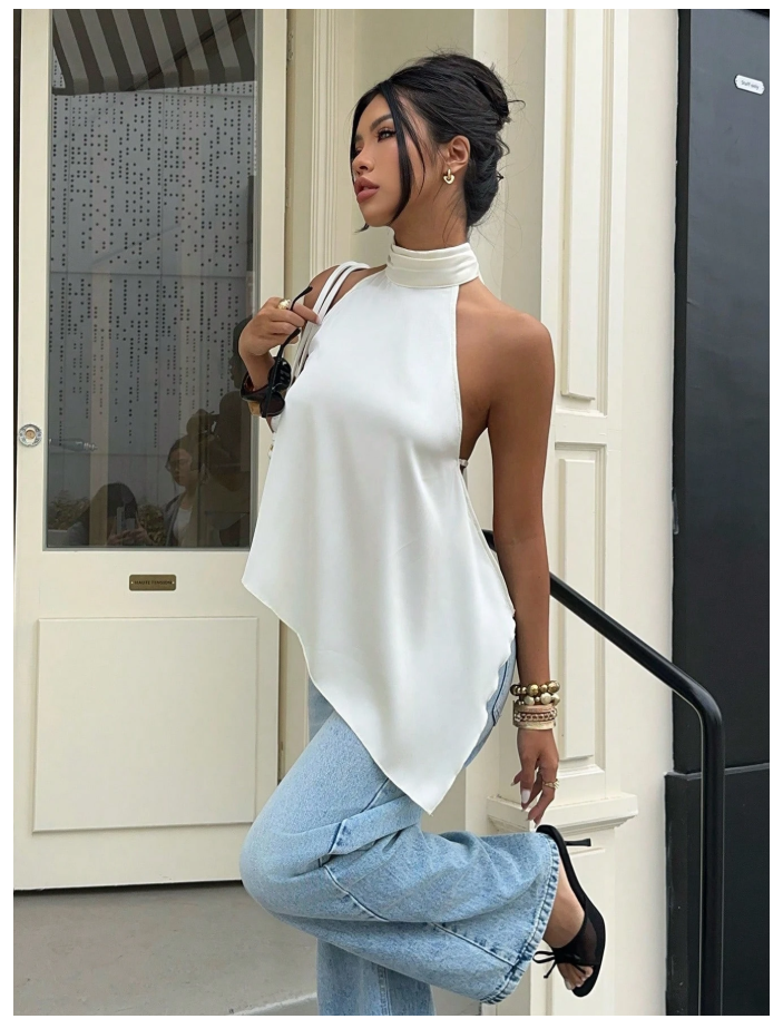 Camisa blanco perla de satén con vuelo & asimétrica parte inferior - 6203
