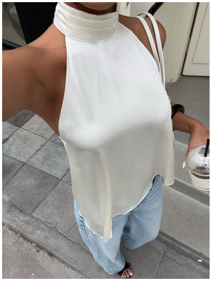 Camisa blanco perla de satén con vuelo & asimétrica parte inferior - 6203
