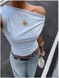 Crop top azul & blanco a rayas un hombro - 6206