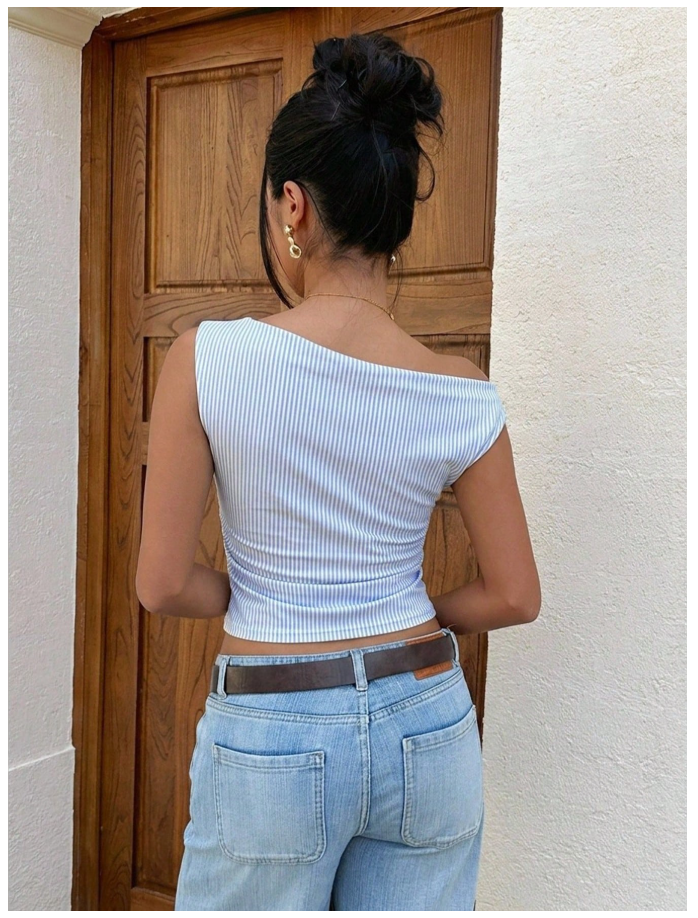 Crop top azul & blanco a rayas un hombro - 6206