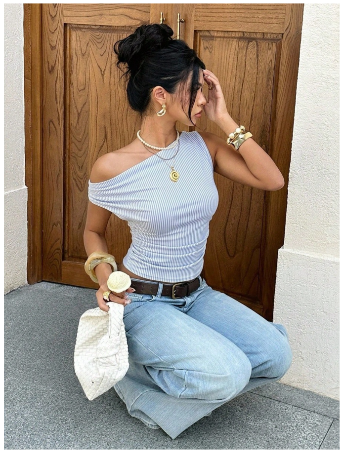 Crop top azul & blanco a rayas un hombro - 6206