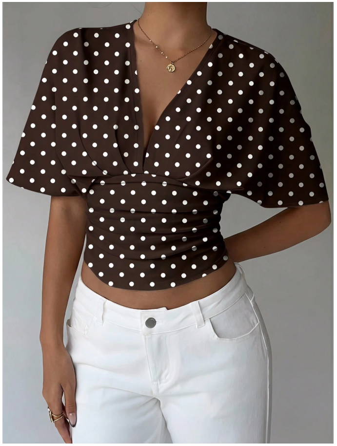 Crop top marrón lunares blancos cuello V profundo - 6207