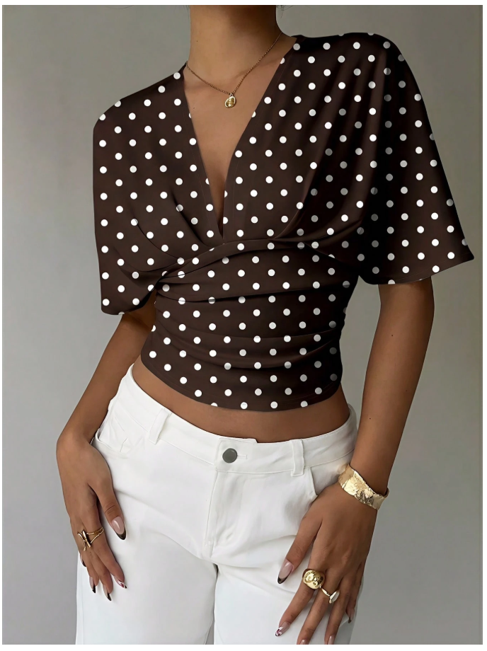 Crop top marrón lunares blancos cuello V profundo - 6207