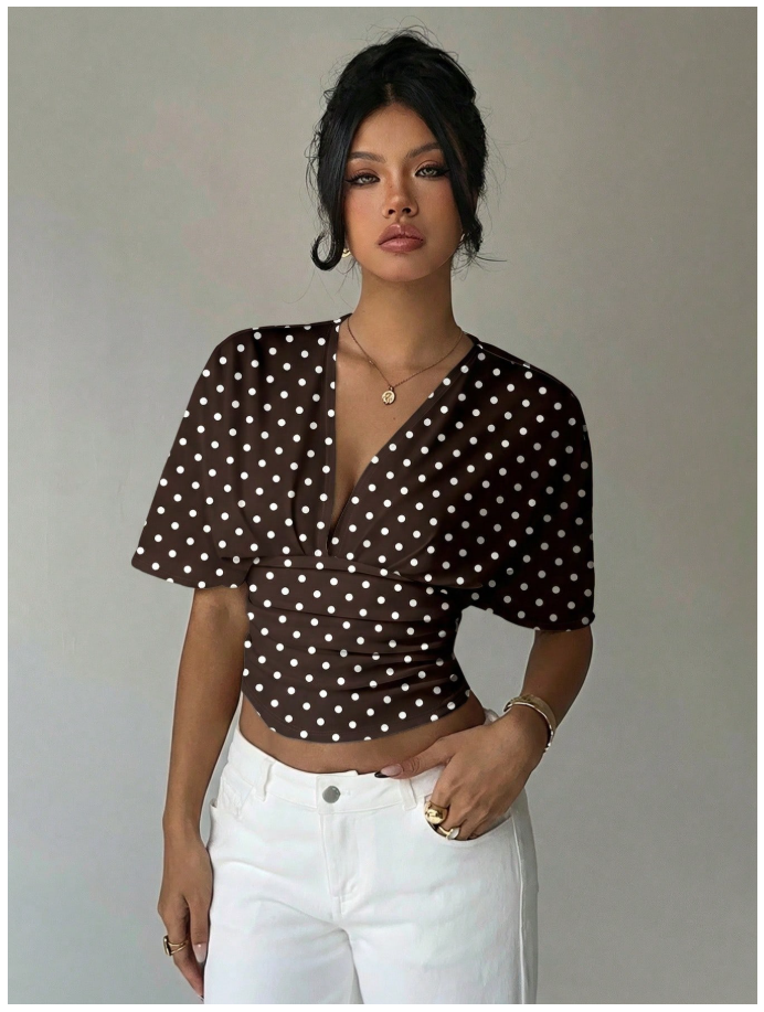 Crop top marrón lunares blancos cuello V profundo - 6207