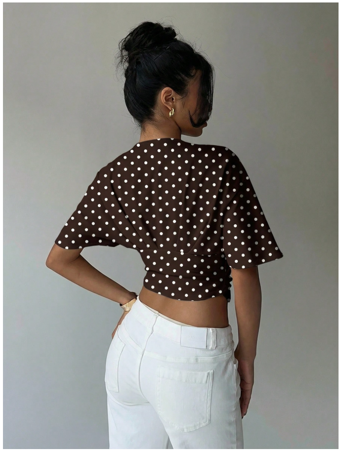 Crop top marrón lunares blancos cuello V profundo - 6207
