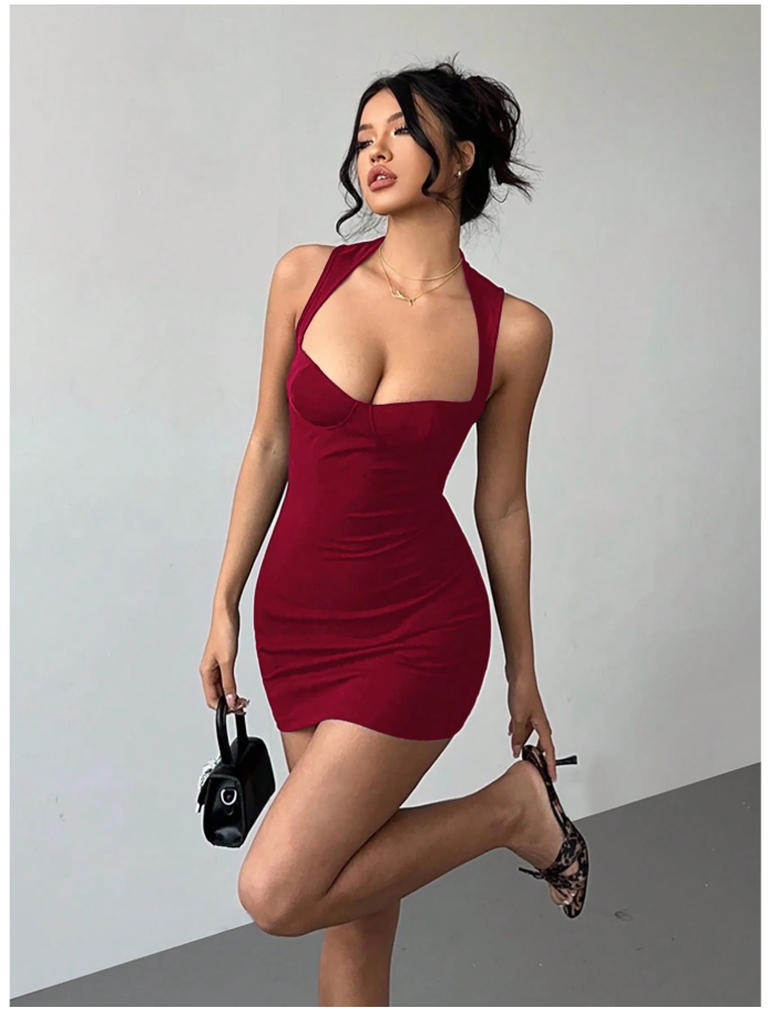 Vestido burdeos corto cuello halter - 6208