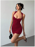 Vestido burdeos corto cuello halter - 6208